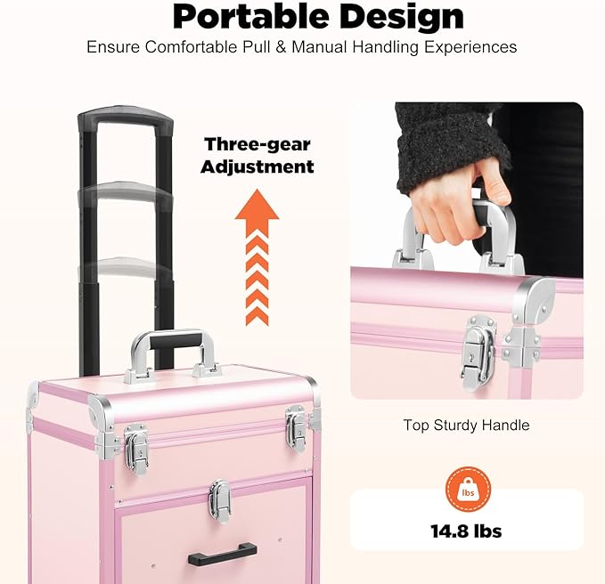 Professional Rolling Makeup Train Case with Drawers, Large Cosmetic Trolley with Locks,Cosmetic Trolley Organizer Case for Travel Makeup/Nail Art/Hair Styling (Pink)