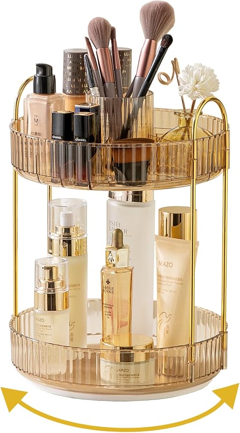 360 Rotating Makeup Organizer,2 Tier Large Capacity Make Up Organizers and Storage,Skincare Perfume Vanity Organizers,Bathroom Cosmetics Storage Organizer Countertop(Gold)
