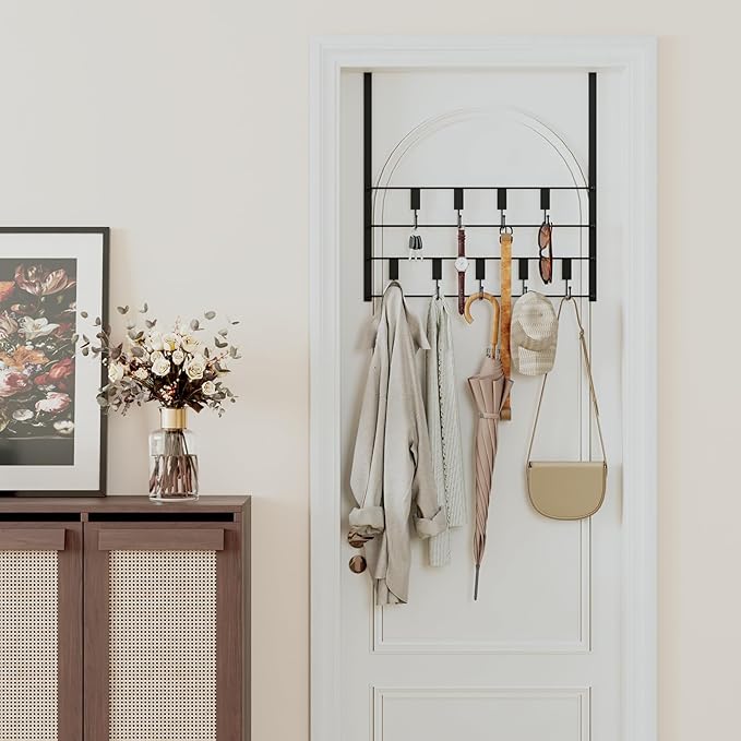 Over The Door Hooks, Over Door Hanger 9 Hooks, Coat Rack and Towel Rack for Hanging Clothes, Door Towel Hanger and Holder for Bathroom Organizer, Bedroom and Kitchen Black