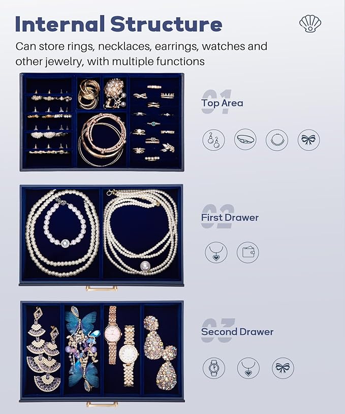 Jewelry Box with 2 Drawers: Display Organizer for Earrings Necklaces - Gifts for Girls Women (Dark Blue)