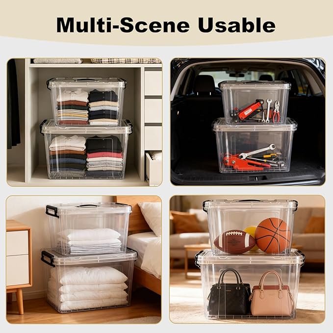 Clear Storage Bins with Lids, 288 QT (4 Pack-60 QT, 1 Pack-28 QT, 1 Pack-20 QT) Stackable Plastic Organizer for Home, Office, Garage, BPA-Free, Heavy-Duty with Secure Latches & Handles