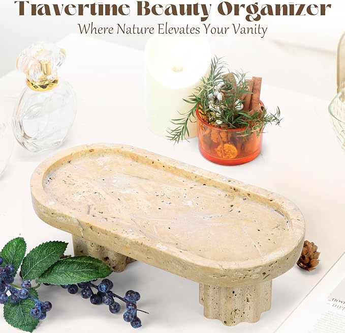 Natural Travertine Oval Tray with 2 Legs, 9.6"x4.7" Vanity Decorative for Countertop Ornaments, Catchall for Perfume, Candles, Jewelry Dish & Home Decor