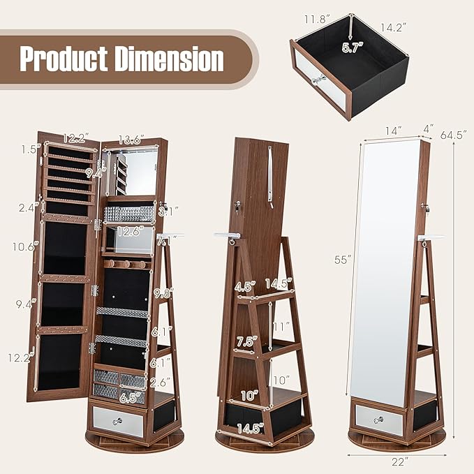 CHARMAID 360° Swivel Jewelry Cabinet Armoire 64.5" H, Full Length Mirror with Jewelry Storage, 6 LEDs Lockable Jewelry Organizer, Rear Storage Shelves, Large Drawer, Hairdryer Holder (Walnut)