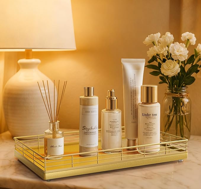 Large Bathroom Vanity Tray – 13" x 8" Oak Decorative Wooden Tray for Bathroom Countertop & Vanity Organizer, Rectangular Wood Tray for Perfume, Skincare, Storage, Vanity Dresser Counter Decor, Gold