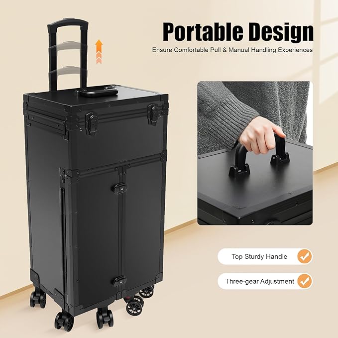 Rolling Makeup Case Large Storage Cosmetic Trolley, Rolling Lockable Makeup Train Case, Stylist Beauty Salon Cosmetic Luggage Travel Organizer Tool Box