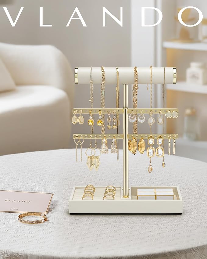 Vlando 2 Tier Necklace Holder Organizer with Tray, Leather Bracelet Holder Display for Women, Gold Jewelry Holder Stand for Bracelet, Necklace, Earrings, Rings - Cloud White