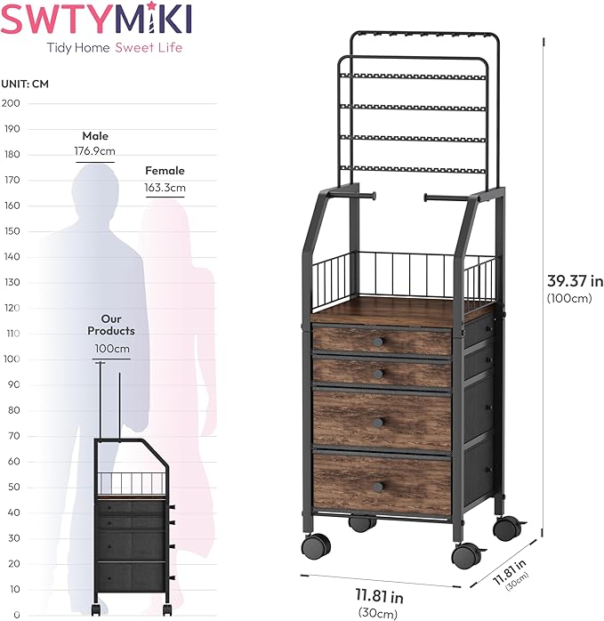 SWTYMIKI Large Jewelry Organizer Stand - Multifunctional Rack Tower for Necklace, Earring, Ring & Bracelet Display - Moveable Storage Jewelry Holder Stand with 4 Nonwoven Drawers for Bedroom Espresso
