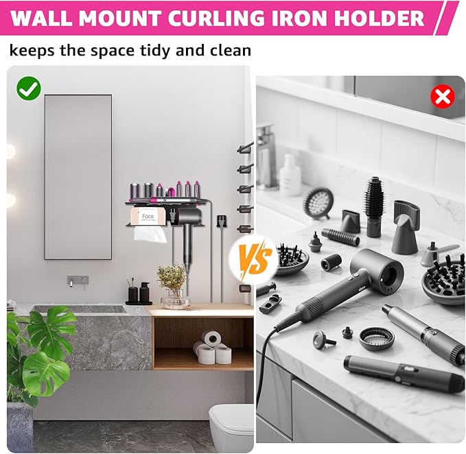 Storage Holder Compatible with Dyson Airwrap Styler Accessories, 7-Slot Hair Dryer Holder Wall Mount, No Drill Metal Organizer for Blow Dryer & Curling Iron (Black)