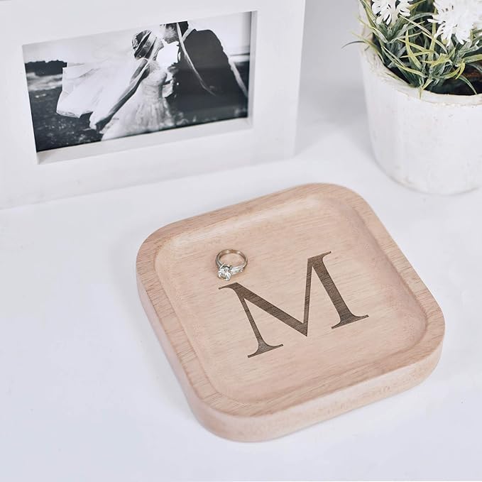 I'm Wooden Personalized Letter Catchall Valet Tray Trinket Dish Jewelry Tray Key Bowl Decorative Plate Organizing Ring Earrings Necklaces Bracelet Watch Coins Wallet Holder (6"x6" Sq Natural M)