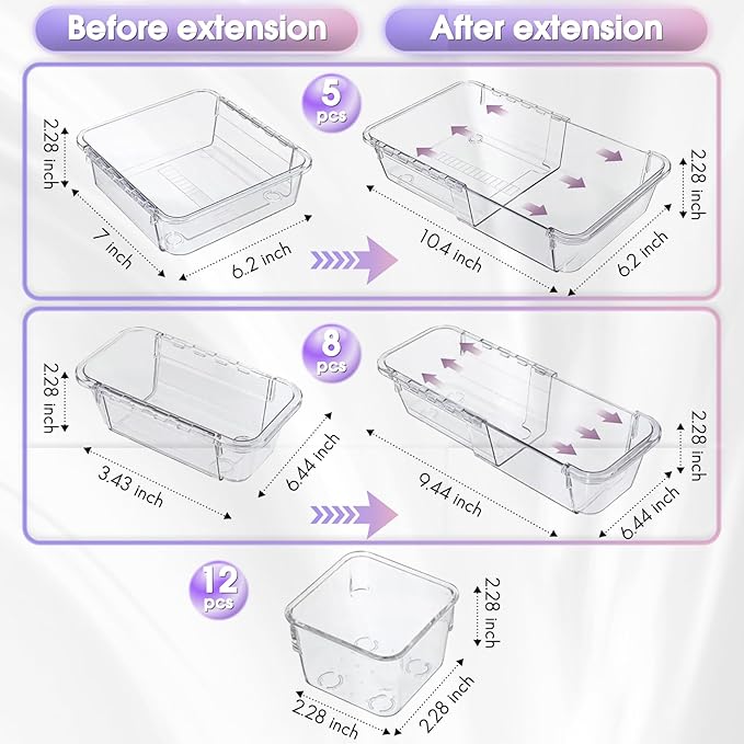 25 Pcs Extendable Clear Drawer Organizer, Adjustable Vanity Storage Box, 3-Size Desk Drawer Organizer, Non-Slip Storage Bins for Cosmetics, Jewelries, Stationeries, Tools, Cutleries, Toiletries