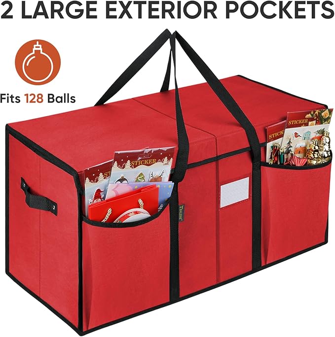 BALEINE Christmas Ornament Storage Box with Dividers, Premium Holiday Ornaments Storage Container Bin for Xmas Decorations (128 Ball, Red, Without Tray)