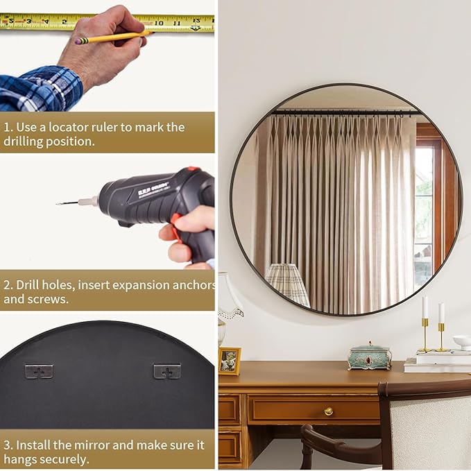 Black Round Mirror, 20 Inch Circle Bathroom Mirror with Metal Frame, Wall-Mounted for Entryway, Bathroom, Vanity, Living Room