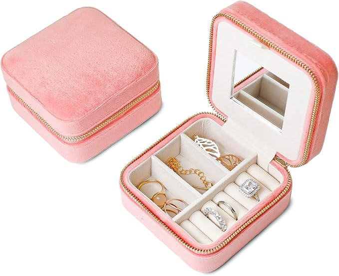 Customizable Compact Velvet Jewelry Box with Mirror, Travel Jewelry Case, Travel Jewelry Organizer, Jewelry Box for Women and Girls, Small Jewelry Organizer (Flower Design, Coral Pink)