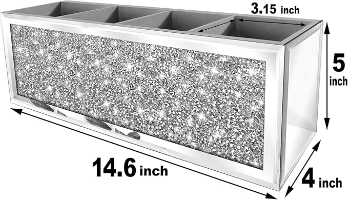 Mirror Hair Dryer Holder.（4 compartments）.Crystal Crush Diamond Hair Tool Organizer Wall Mount. Silver Bathroom Cabinet Tray for Blow Dryers, Hairdryer Straightener, Brushes (14.6”x4”x5”)