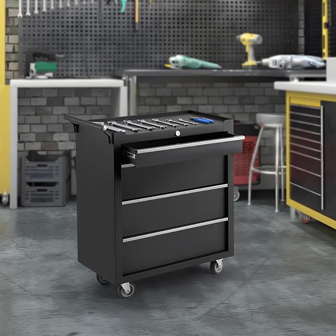 Rolling Tool Box with Wheels, 4 Drawer Tool Storage Cabinet, Portable Toolbox Organizer with Lock, Heavy Duty Tool Chest Cart for Garage, Mechanic, Workshop, Shop, Mobile Tool Organizer, Black