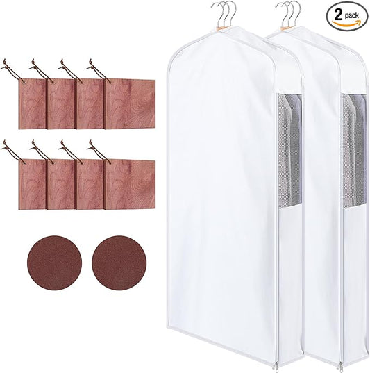 2 Sets 40'' x 24'' x 6'' Short Cotton Garment Bags for Hanging Clothes and Storage, 8 Cedar Blocks for Fresh Smell and Moth Protection, Breathable Covers for Closet Suits Fur Coats Sweaters