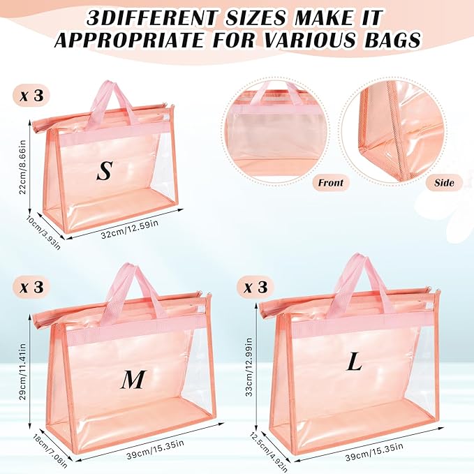 9 Pack Dust Bags for Handbags,Clear Handbag Storage Organizers,3 Sizes Purse Storage Organizer for Closet,Purse Cover Hanging Closet Organizer with Zipper,Handles and Hooks(Pink)