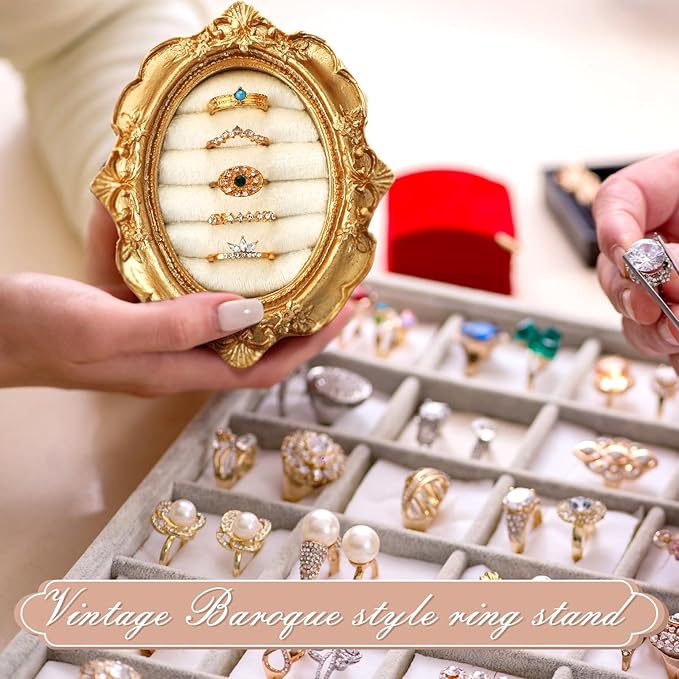 Vintage Ring Holder Oval Gold Ring Wedding Display Suede Jewelry Box Stand Frame Earring Tray Anniversary Engagement Baroque Organizer Photograph Prop for Women Birthday Christmas Gift