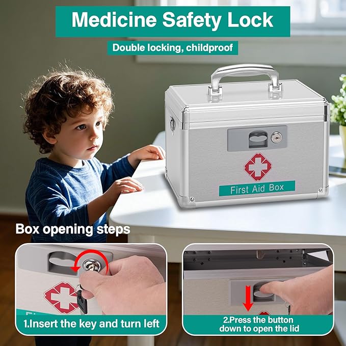 Medicine Storage Box with Key - 15 x 8.7 x 9.4 Inches -Empty Lock First Aid Box for Drugs & Pill, Medical Organizer Container For Home/Outdoor (Silver/X-Large)