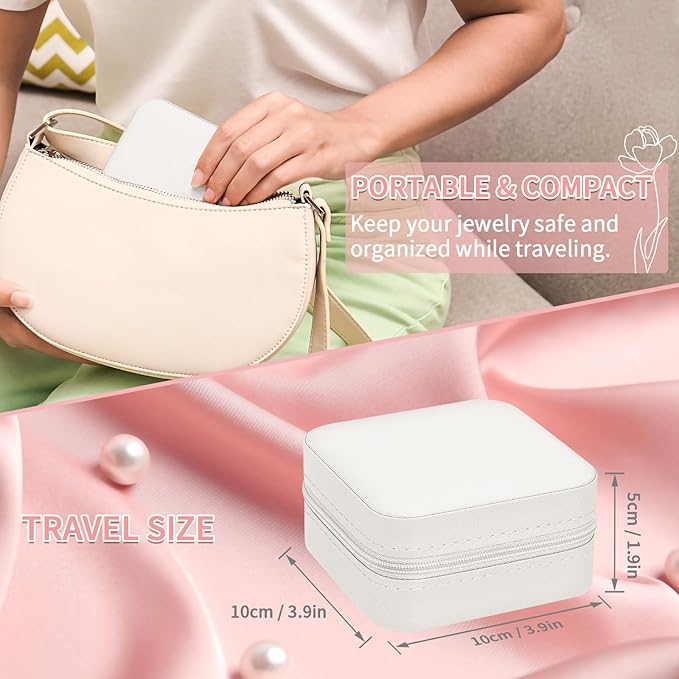 Leezmark 8 Pcs Jewelry Travel Case, Bridesmaid Gifts Set Of 8, Velvet Portable Jewelry Travel Organizer Small Bridesmaid Proposal Gifts Box Mini Storage Organizer Box, Beige-white
