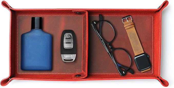 Handmade Leather Catch All Tray, Customizable Handcrafted Genuine Leather Valet Tray and Organizer for Keys, Phones, Jewels, Coins, Rectangular, Red
