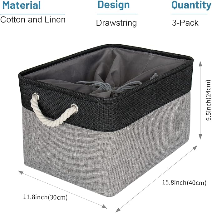 HOdo Home Fabric Storage Bin with Drawstring Closure and 2 Bold Handles, Collapsible Large Canvas Storage Baskets for Organizing Shelf Nursery Home (Black and Grey, 15.8L×11.8W×9.5H - 3Pack)