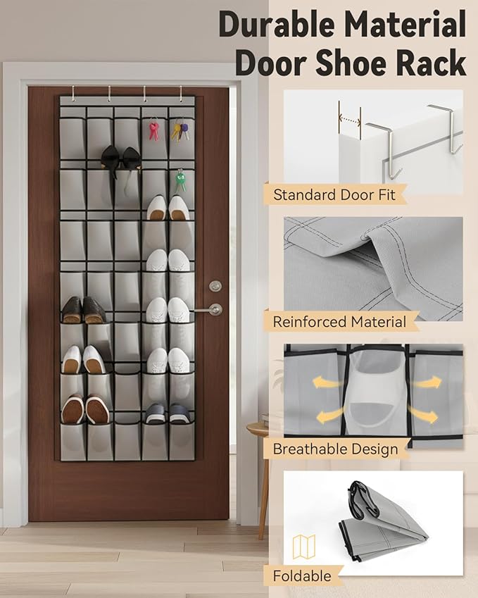 dodowin Over the Door Shoe Organizers, 2 Pack - 35 Deep Mesh Pockets Each, Over The Door Shoe Rack with 4 Metal Hooks Each, Space Saving Hanging Storage Holder for Closets, Shoes & Accessories, Gray