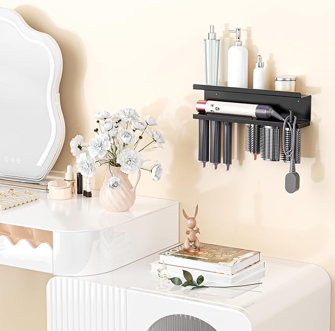 Hair Dryer Holder Wall Mounted, Straighteners Holder Adhesive, Metals Curling Iron Holders Accessories Storage, Hair Tool Organizer for Cabinet Bathroom Bedroom Barber Shops (Black)