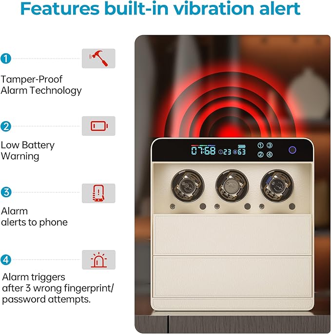 ZL ZELing Jewelry Box with Watch Winder, Fingerprint and Password Lock, Large Capacity Storage for with Necklace/Rings/Bracelets/Watchesage&Organizer Women Gifts,Dual Drawers, Beige