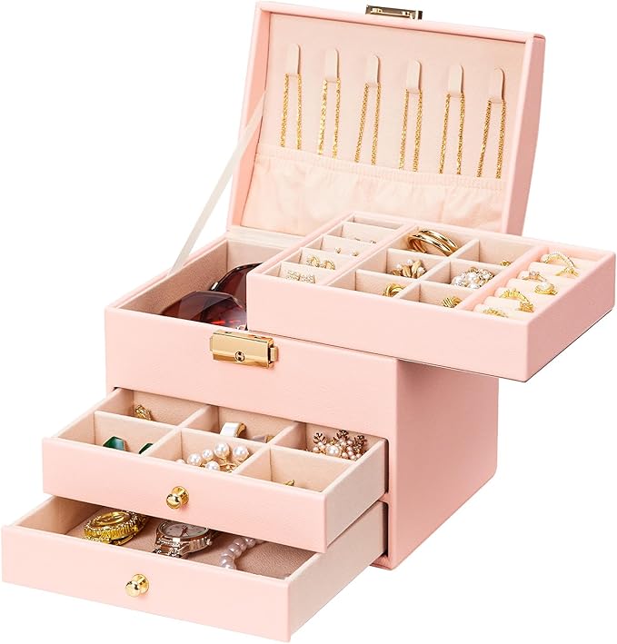 Homde Women Jewelry Box with Lock: 3 Layers Modern Organizer - Pink Storage for Ring Necklace Earring - Birthday Christmas Gifts for Girls