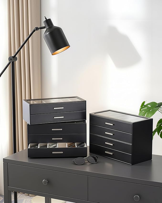 Lolalet Beige Sunglasses Storage Box for Women, Eyewear Eye Glass Organizer with Clear Top Lid Display Holder Case