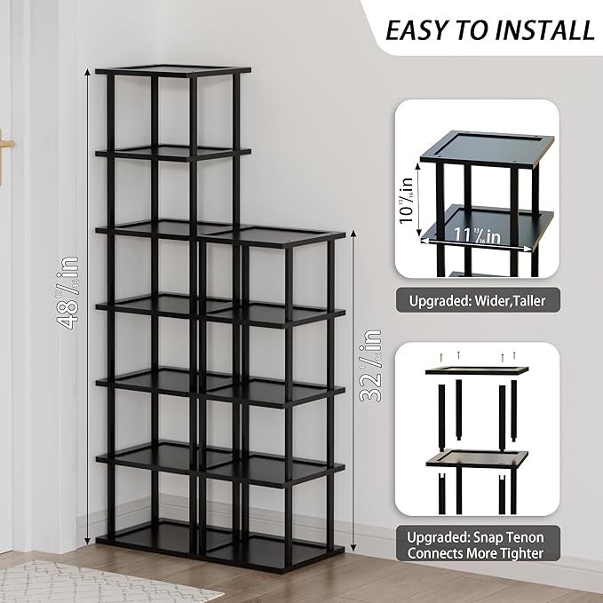 Vertical Tall Shoe Rack Organizer for Entryway -12 Tier Free Standing Slim Narrow Bamboo Wood Corner Stackable Shoe Boots Storage Stand Small Spaces for Closet Garage Cloakroom Living Room (Black)
