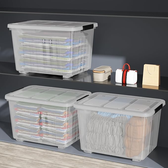 70 Quart Large Plastic Storage Box, Clear Latching Bin with Lid and Wheels, 4 Packs