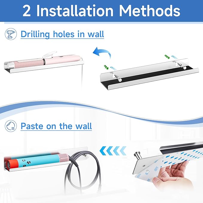 Curling Iron Holder Wall Mount, Flat Iron and Hair Straightener Holder, Stainless Steel Hair Tool Organizer for Hair Dryer Brush and Hots Tool Accessories, Hair Tool Holder for Bathroom, Silver