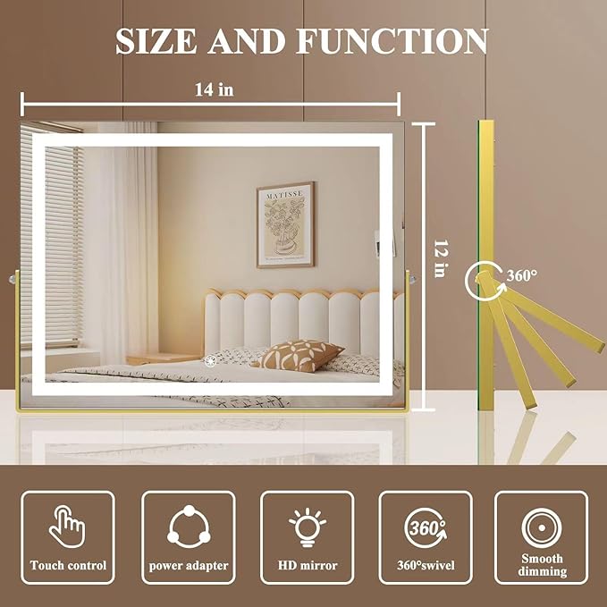 Ligheted Vanity Mirror with Lights, 14" x 12" LED Makeup Mirror, Hollywood Mirror,3 Modes Light, Smart Touch Control Dimmable, 360°Rotation, Rectangle Gold Frame