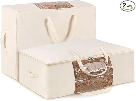 YGEOMER 2 Pack Canvas Blanket Storage Bags with Zipper Foldable Closet Organizers Storage Containers with Reinforced Handle for Dorm Storage Organizing, Bedroom, Closet,Blanket, Clothing, Comforters