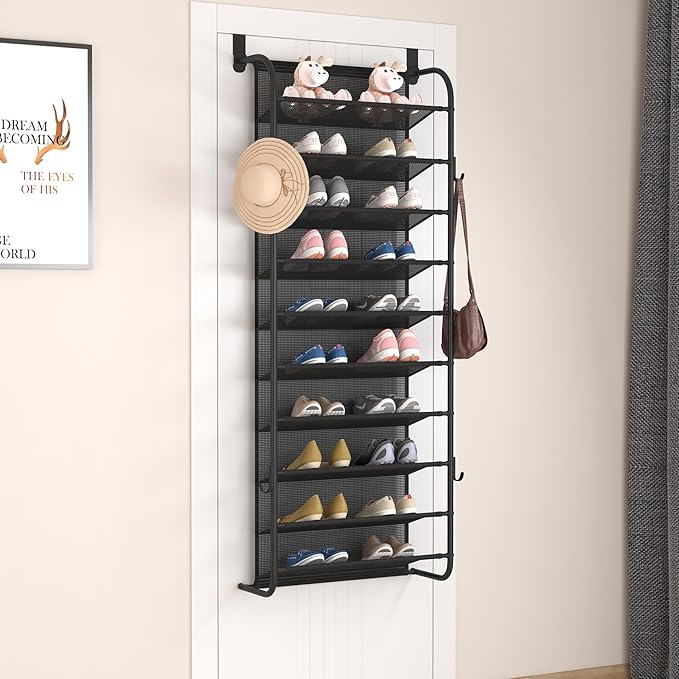 10 Tier Shoe rack Hanging Shoe Storage the door shoe rack for Closet Pantry Over The Door Shoe Organizer Wall Floating Shelves (Black, 10 Tier)