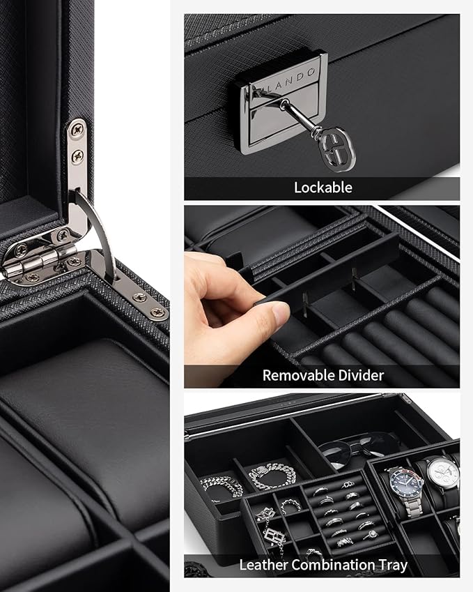 Vlando 6-Slot Watch Box Organize, Lockable Watch Case with Textured Leather, 2 Layer Watch Holder for Rings, Bracelets, Glasses, Glass Lid, Removable Divider, Gift for Fathers, Husband, Friend, Black