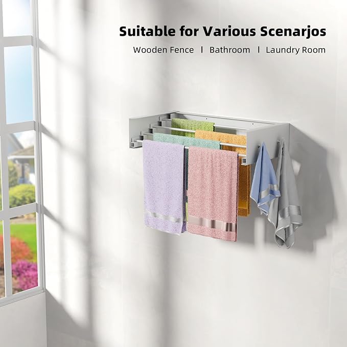 Upgrade Laundry Drying Rack, 23.6" Drying Rack Clothing Wall Mounted,Foldable, 4 Aluminum Rods with 4 Hooks, Space-Saving White Collapsible Drying Racks Hanger for Laundry Bathroom