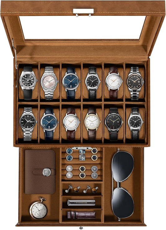 Uten 12-Slot Watch Box, 2-Layers PU Leather Watch Case with Glass Lid, Watch Holder Organizer with Soft Pillow and Velvet Lining, Watch and Jewelry Storage Box, Brown
