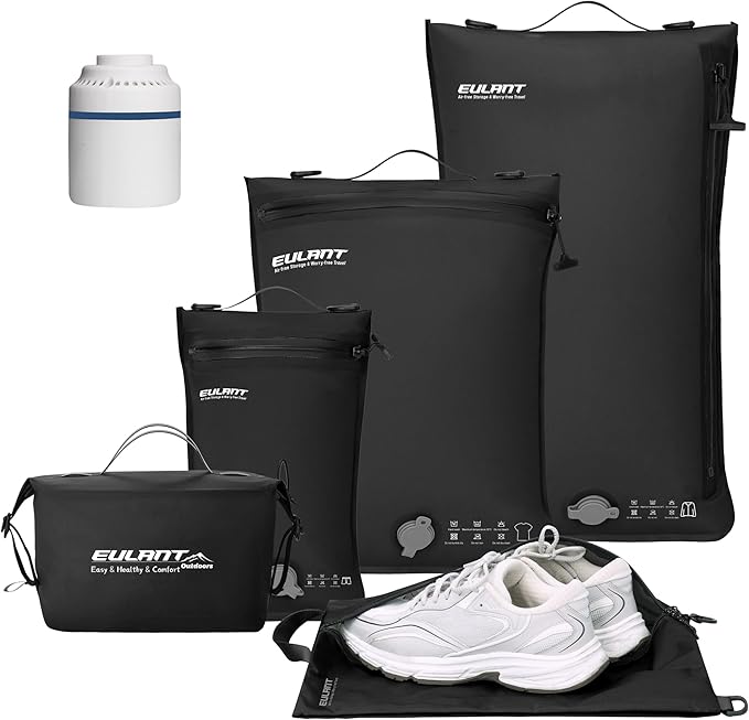 Eulant 5 Set Vacuum Packing Bags for Travel With Pump,Professional IPX8 Zip Packing Organizer for Suitcases Backpack,Space Saver Bags Packing Organizers for Clothing Packing(5 Set,Black)