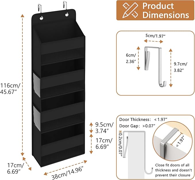 1 Pack 4-Tier Over the Door Organizer, Heavy-Duty Large Deep Pocket Hanging With 4 Large Front & 4 Side Pockets With for Pantry, Kitchen, Bathroom, Dorm, Black