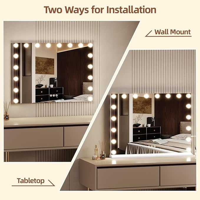 Vanity Mirror with Lights, Makeup Mirror with USB/Type-C Charging, Large Hollywood Mirrors w/ 18 LED Bulbs & 5X Magnifier, LED Mirrors for Bedroom Tabletop & Wall Mounted