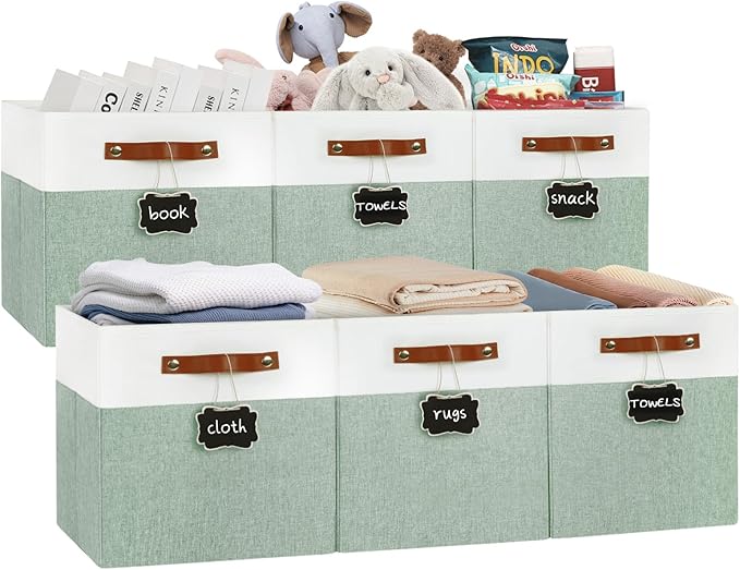 13x13 Storage Cubes 6-Pack, Large Foldable Fabric Cube Storage Bin with Reinforced Bottom and Labels, Organizer Baskets for Shelves, Closets(White/Green)