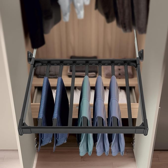 11 Arms Slide Out Pants Rack Closet Pants Hanger Bar Pull Out Trousers Rack Tie Belts Scarf Racks, Top Mounted Wardrobe Clothes Organizers Rail Pull Out Closet Storage Rod-Black