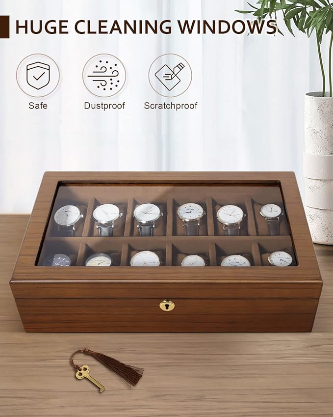 Uten Watch Box with 12 Slots, Watch Case Organizer with Golden Lock and Key, Wooden Watch Display Storage Box with Removable Watch Cushions, Velvet Lining, Metal Clasp