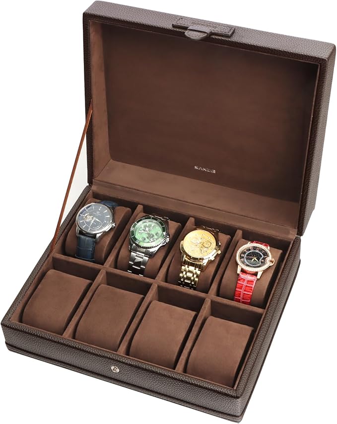 SANZIE 8-Slot Watch Box for Mens Watch Case with Removable Watch Pillows, Watch Holder Organizer Watch Storage with Brown Synthetic Leather (Brown)