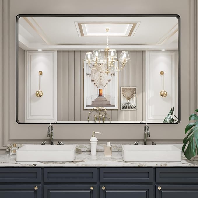 LOAAO 60X40 Inch Black Metal Framed Bathroom Mirror for Wall, Matte Black Bathroom Vanity Mirror Farmhouse, Large Rounded Rectangle Mirror, Anti-Rust, Tempered Glass, Hangs Horizontally or Vertically