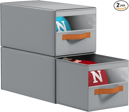 Hat Organizer for Baseball Caps - 2 Pack Pull-Out Drawer Hat Storage Organizer Box with Clear Window, Stackable Closet Cap Holder, Baseball Cap Organizer for Closet, Bedroom, Home, Gray