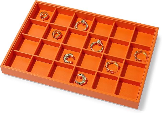 Leather 24 Grids Earring Organizer Tray Jewelry Tray Ring Earrings Holder Jewelry Drawer Organizer Storage Display(Orange)